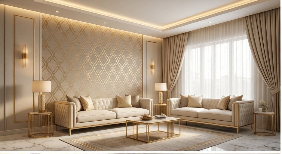 ديكور غرفة معيشة فخم مع تركيب ورق جدران ثلاثي الأبعاد في الرياض من همم العرب. تركيب ورق جدران الرياض .